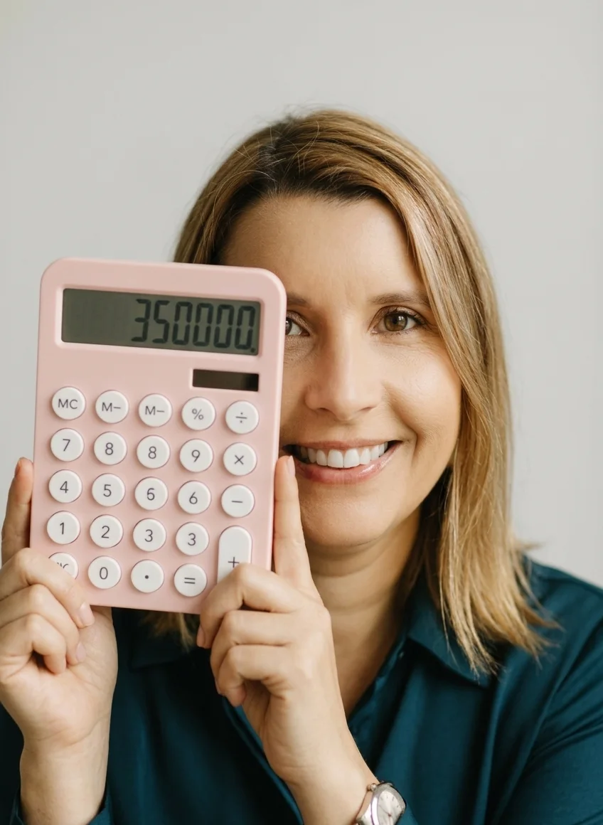 Marisa Santos a sorrir, com uma calculadora à frente de um olho